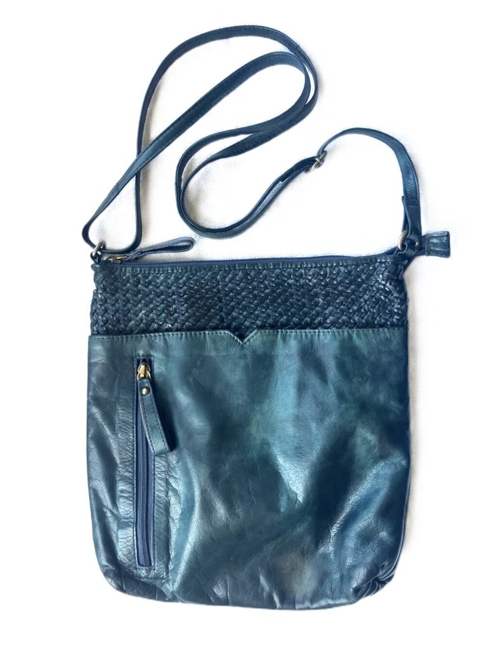 Teal Leather Crossbody/Shoulder Bag with Woven Detail — Boho Style